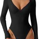 QINSEN Women's Long Sleeve Bodysuit V Neck Body Suits Seamed Cup Going Out Tops Shirt (Black), Small