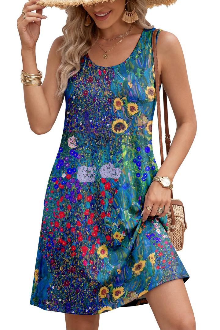 LUXVEER Women's Bohemien Summer Dresses 2026 Sleeveless Casual Loose Swim Coverup Scoopneck Casual Loose Tank Flowy Swing Mini Sundress 2XL