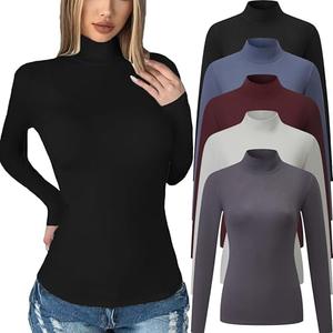 Chongbaijia 5 Pack Womens Long Sleeve Tops Mock Turtleneck Basic T Shirt Fall Stretch Tight Fitted Thermal Shirts, Size S