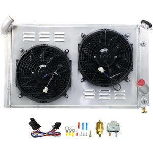 Radiator with Electric Fan Compatible with 1973-1976 74 75 Chevy Corvette C3 Base Stingray 5.7L 7.4L V8, 4 Row Aluminum Radiator + Shroud/Fan + Relay Kit