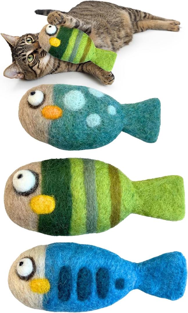 Woolbuddy Felted Wool Cat Toys 3 Fish Kick Toys for Indoor Cats, Catnip-Free & Durable