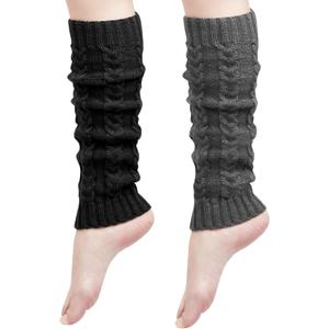 2 x Loritta Womens Leg Warmers Winter Warm Knit Long Boot Socks Slouch Knee High 80s for Party (B7-2 Pairs(black+dark Grey))