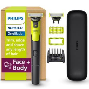 Philips Norelco OneBlade 360 with Connectivity Hybrid Face + Body, Electric Beard Trimmer, Shaver and Body Groomer Kit with 360 Blade Tech, 1x360 Blade, 5-in-1 Comb, Travel Case, Model QP4631/90 (Black/Lime Green)