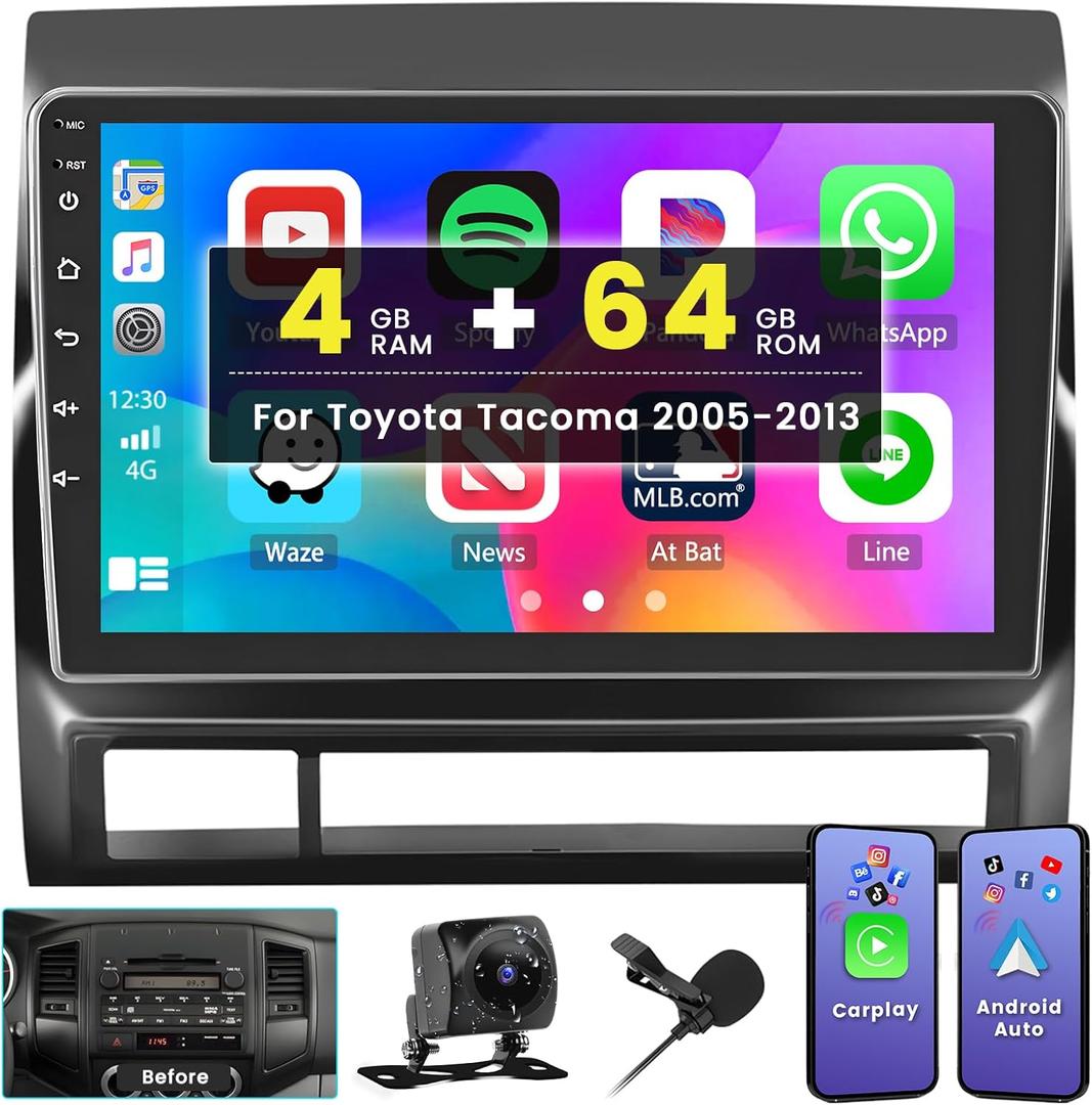 4G 64G Radio for Toyota Tacoma 2005-2013 Car Stereo Upgrade Android 13 8-Core 9'' HD Touch Screen with Wireless CarPlay & Android Auto, AHD Rearview Camera, Bluetooth, GPS Navigation