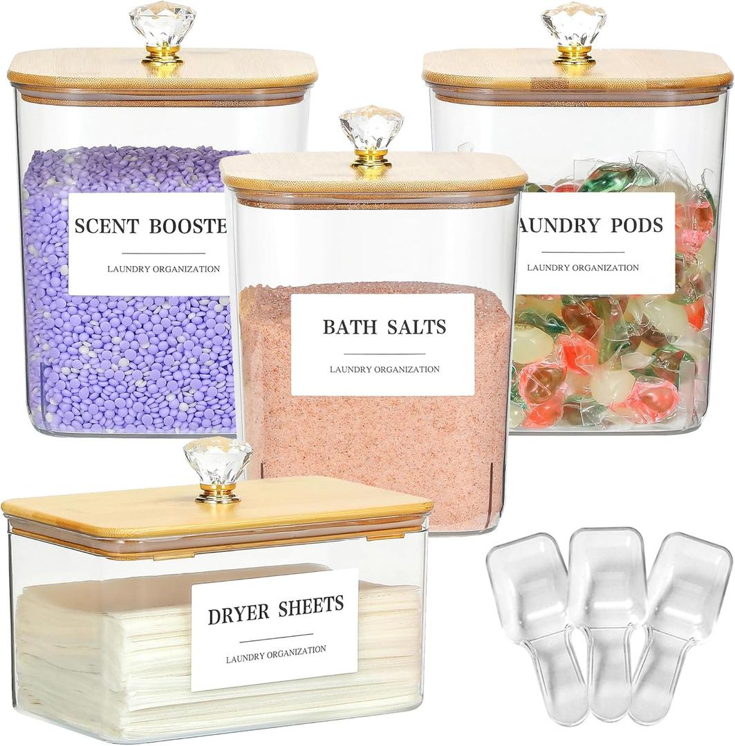 4 Pack Clear Laundry Pods Container & Dryer Sheet Holder Set with Lid, Laundry Containers with Scoops & Labels, Laundry Room Organization and Storage for Laundry Detergent, Pods, Powder, Beads