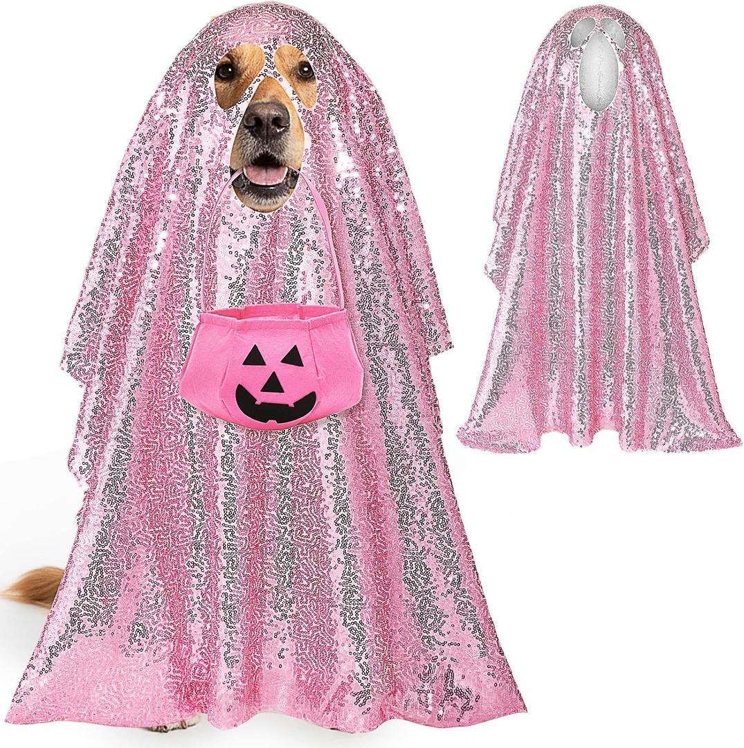Sunnymove Halloween Ghost Dog Costume for Dogs Ghost Costumes Sets with Felt Pumpkin Bucket 47 x 31 Inches Halloween Large Dog Disco Clothe Pumpkin Trick or Treat Bags (Pink) L