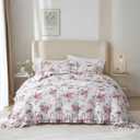 VM VOUGEMARKET Rose Flower Duvet Cover Set Queen Romantic Girls Ruffle Bedding Set Soft Microfiber Botanical Duvet Cover with 2 Pillow Shams (Queen(90" x 90"))