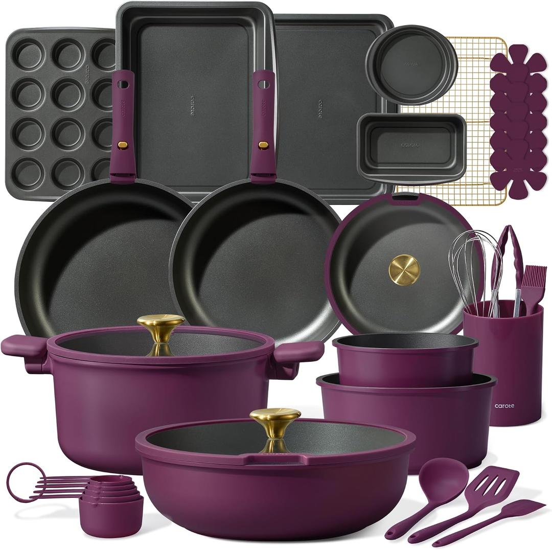 CAROTE 32pcs Pots and Pans Set Non Stick, Detachable Handle Cookware Sets, 32 Piece