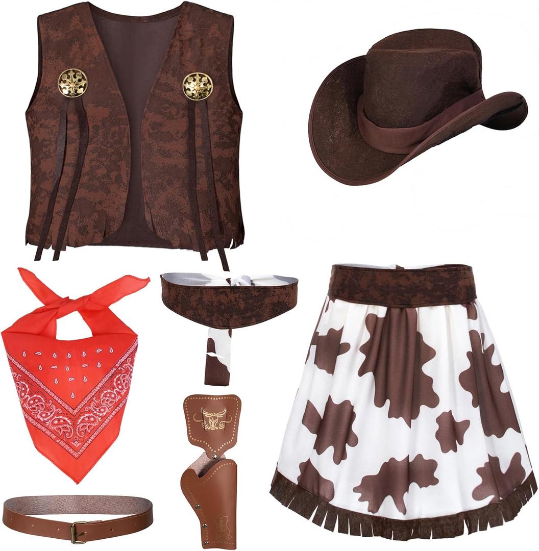 Cowgirl Costume for Girls 6pcs Set Kids Dress Up Birthday Halloween Party Cosplay 3-13 Years