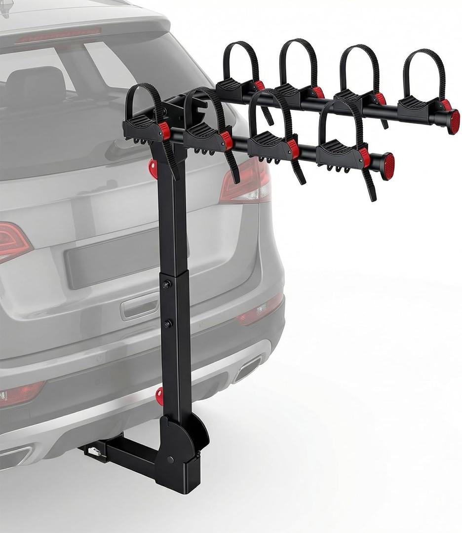 Bike Rack for Car, Truck, SUV, Tilting Foldable Bike Rack with 2 Inches Hitch and Adjustable Cradles, 4 Bike Hitch Rack, Up to 165 LBS, Double Lock Design, Black