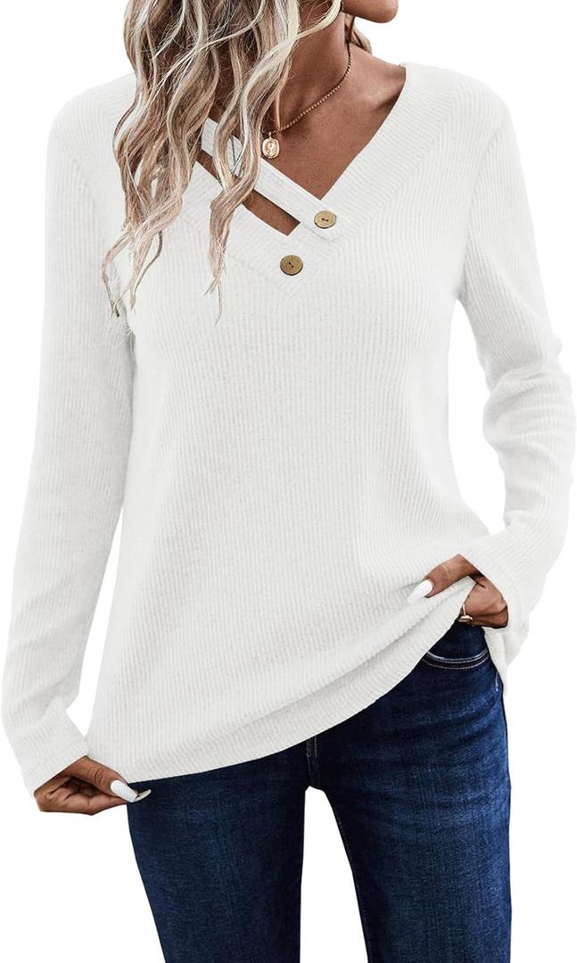 LOLONG Womens Long Sleeve V Neck T Shirts 2025 Casual Basic Ribbed Knit Work Tops (XX-Large)