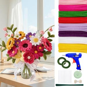Zeadylaris 500 Pcs Thick Pipe Cleaners Craft Kit for Beginners 5 Colors Chenille Stems for DIY Flowers & Crafts, with Glue Guns, Floral Wires & Ribbon Perfect for Family Fun, Holiday & Room Decor