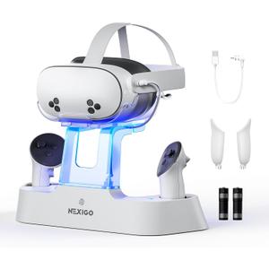 NexiGo Enhanced Charging Dock for Meta Quest 3 and 3S, with LED Light [On/Off], [Support Elite Strap with Battery], Headset Display Holder and Controller Mount, Rechargeable Batteries, White