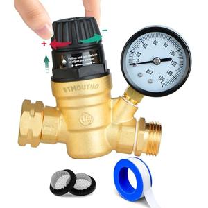 STMOUTUO RV Water Pressure Regulator for RV Camper. Brass Lead-Free Adjustable Camper Water Pressure Regulator with 0-160 PSI Gauge ，Reducer Valve W Filter，Package includes 1 raw tape for water pipes.