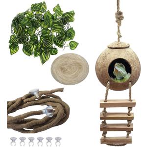 PINVNBY Crested Gecko Coco Hut with Ladder Natural Lizard Coconut Shell Hideout Home Mini Condo for Reptiles Durable Cave Habitat with Hanging Loop Coconut Texture Provide Food for Pets