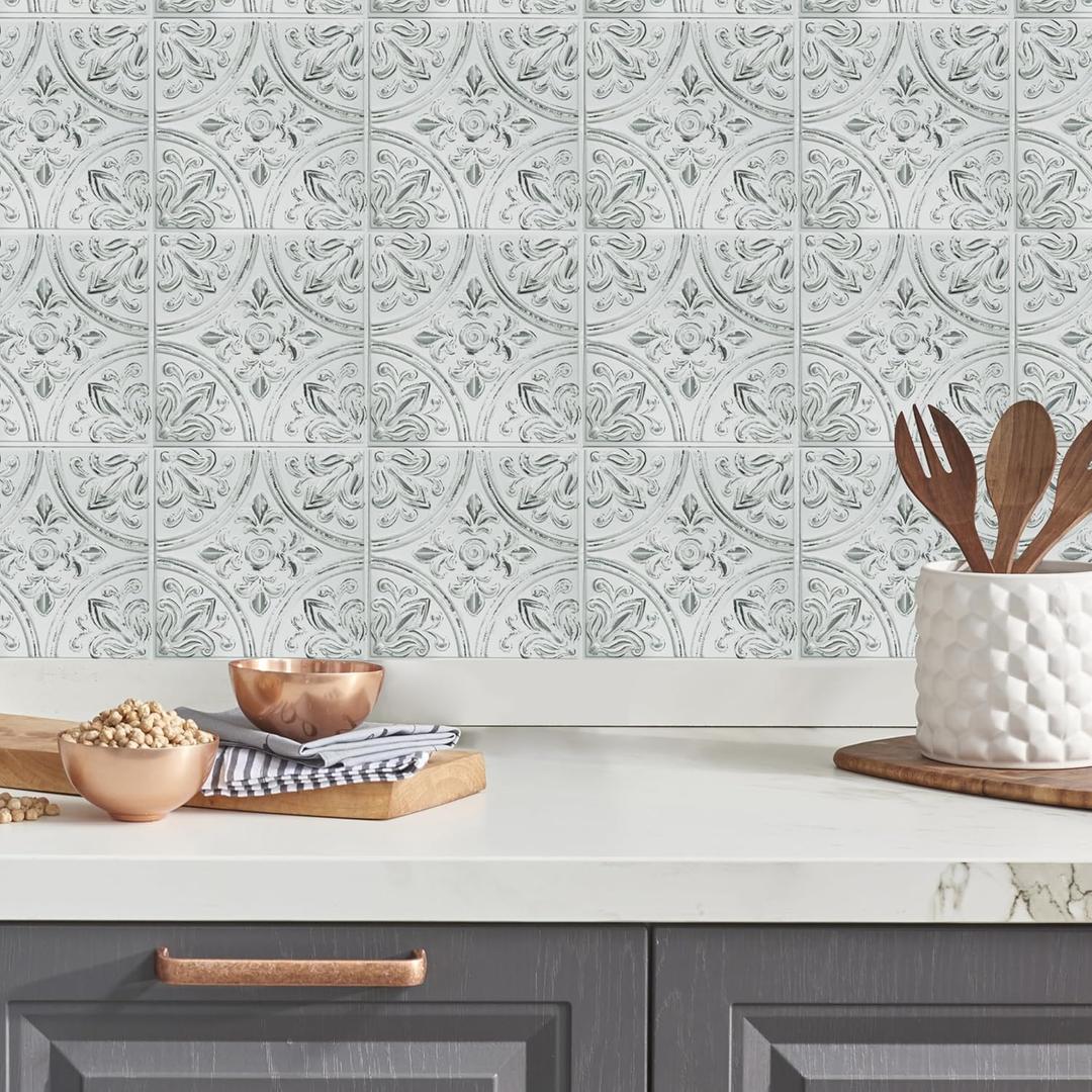 RoomMates TIL4623FLT StickTiles White Tin Peel and Stick Tile Backsplash, 10.5 inch x 10.5 inch, 4 Count (Pack of 1) (White, Off White, Rustic White)