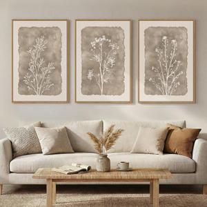 3 Piece Framed Neutral Botanical Wall Art Set, Large Farmhouse Floral Canvas Prints Paintings, Minimalist Wildflower Plant Artwork Decor for Living Room Bedroom Dining Room 16x24 Inch, 16W" x 24H"x3Pcs