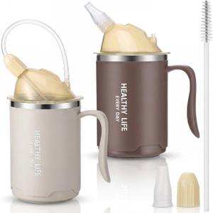 2 Pack Adult Sippy Cups, 14oz Spill Proof Cups with Straw for Elderly, 3 in 1 Stainless Steel Cup with 3 Lids & Handles, No Spill Cup for Seniors, Water Milk Soup (grayish Brown & Beige)