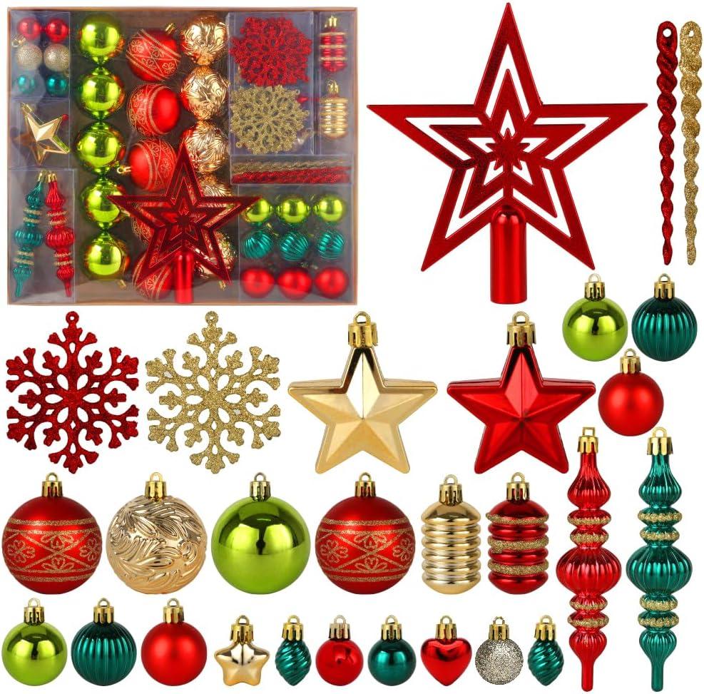 Christmas Tree Ornaments 78 Pack Christmas Tree Decorations Red and Green Gold Christmas Ball Shatterproof Hanging Tree Ornament Set Assorted Set with Hooks