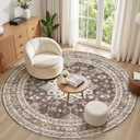 8ft Round Vintage Living Room Area Rug - 8x8 Large Soft Washable Oriental Traditional Distressed Farmhouse Rugs for Bedroom - Indoor Floor Accent Carpet for Home Office House Decor - Dark Brown