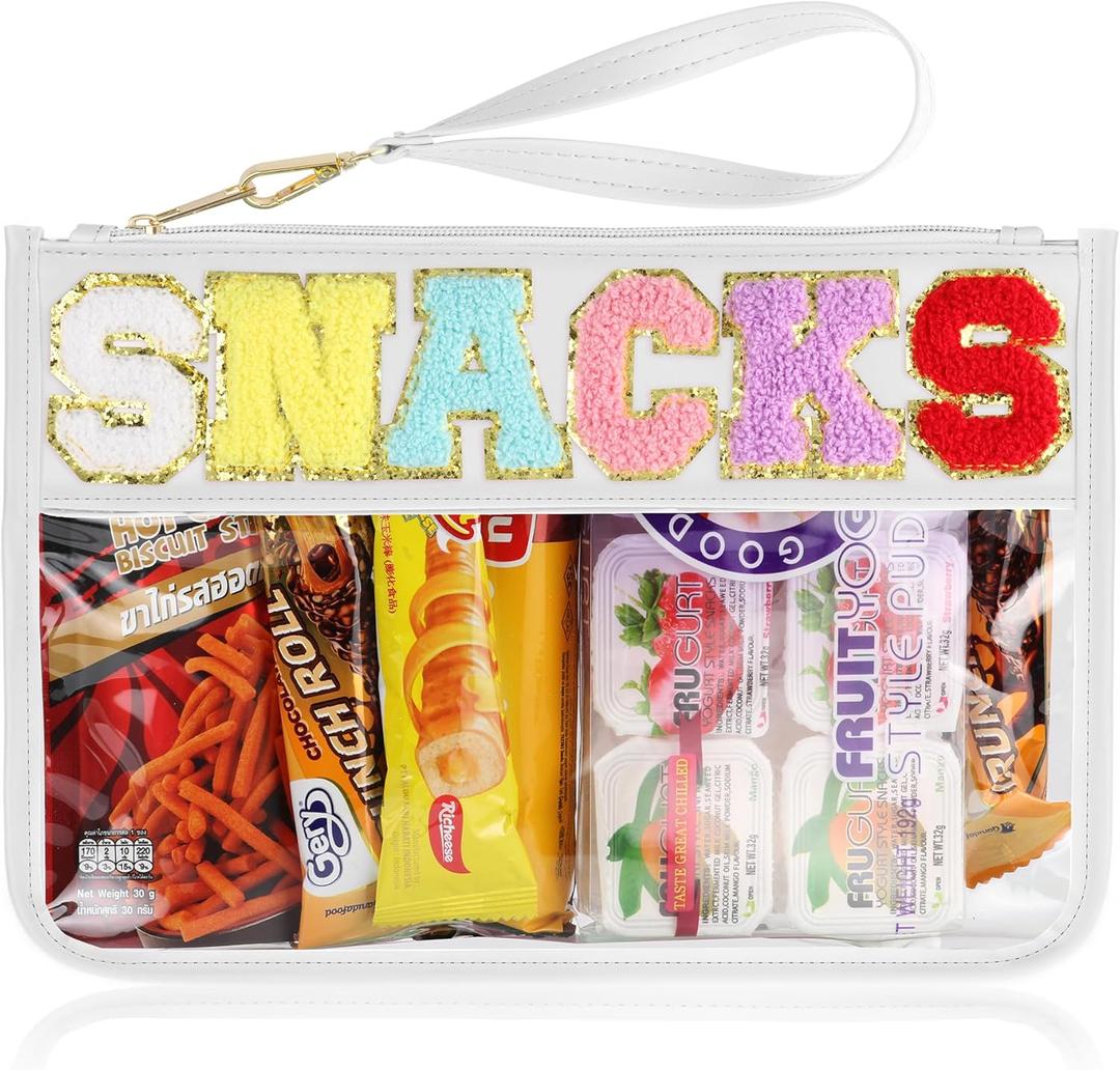 Snack Bag for Travel - Clear Chenille Varsity Letter Flat Pouch with Zipper, 12.28.46 Inch Waterproof Clear Nylon Preppy Patch Makeup Cosmetic tote Bags for Women Girls