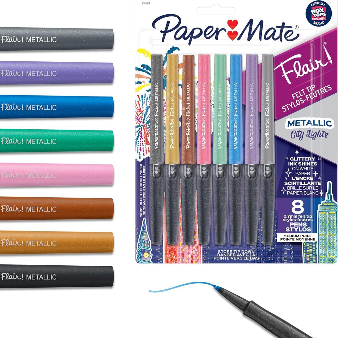 Paper Mate Flair Metallic Felt Tip Pens, City Lights Collection, Glittery Assorted Colors, Premium Ink, 8 Count - Perfect for Writing, Doodling, Bullet Journaling, Glitter, Sparkle, Writing Fun