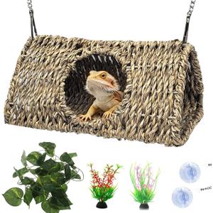 Reptile Hide Cave,Hollow Gecko Hide,Hanging Seagrass Fiber Bearded Dragon Hammock Swing Lizard Cage Climbing Toys with Suction Cups&Chains,Reptile Tank Decor with Simulation Plants-Triangle S (Triangle S:7.87*3.94*3.94", Brown)