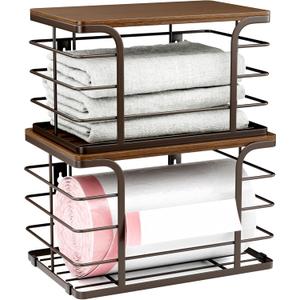 2 Pack Extra Large Pantry Baskets with Bamboo Top,Stainless Steel Trash Bag Dispenser for Kitchen Sink and Laundry Room Organization,Brown