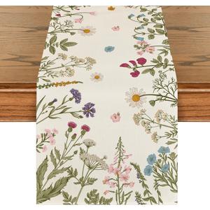 Artoid Mode Floral Wildflowers Herb Spring Table Runner, Seasonal Kitchen Dining Table Decoration for Home Party Decor 13x60 Inch