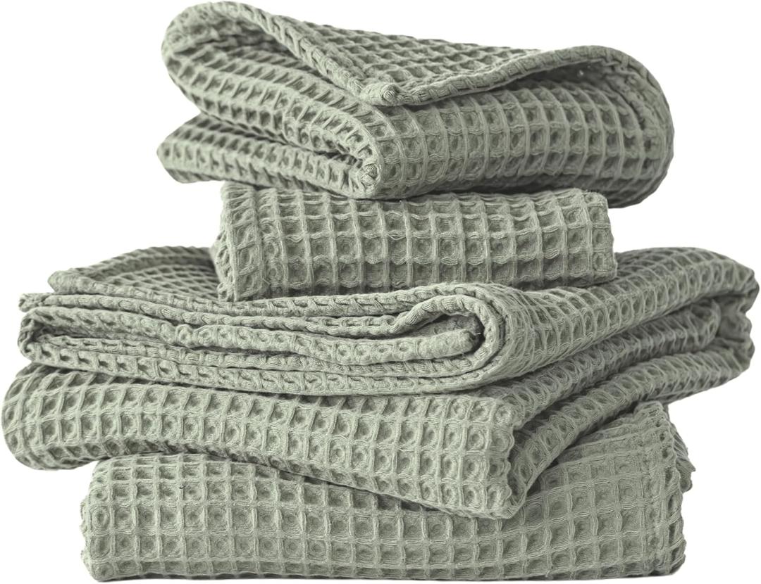 4-Piece Waffle Towels Set for Bathroom - Soft 100% Turkish Cotton Quick-Dry Lint-Free Waffle Weave Thin Bath and Hand Towels (Sage, 2 Bath & 2 Hand Towel Set), 71"L x 35"W