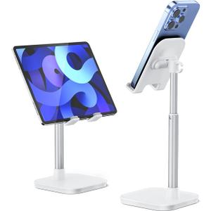 Cell Phone Stand, Height Adjustable Phone Stand for Desk, Desktop Phone Holder Cradle Compatible with iPhone, Pro Max, Samsung, and All Mobile Phones up to 10 inches (White)
