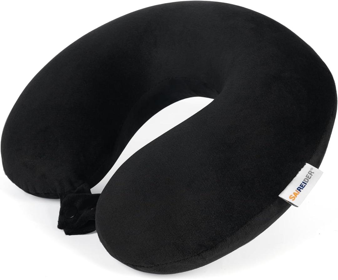 SAIREIDER Travel Pillow 100% Pure Memory Foam Travel Neck Pillow, Airplane Pillow for TravelingCarHomeOfficeWashable CoverBlack