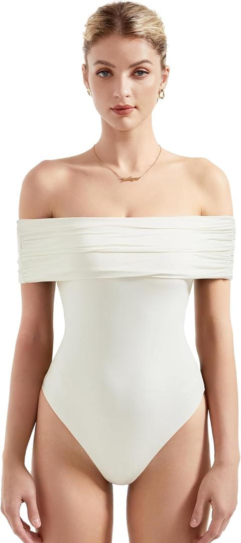 SUUKSESS Women Off the Shoulder Bodysuit Short Sleeve Strapless Thong Body suit (Small, 02 White)