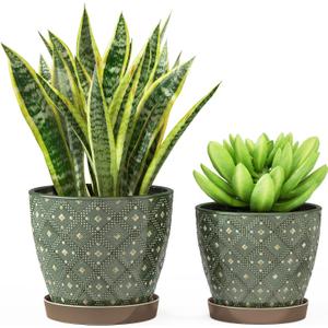 Docrin Dark Green Ceramic Planter Set - 6.6"+5.5" Indoor Outdoor Pots with Drainage Holes & Saucers for Home Office Decor