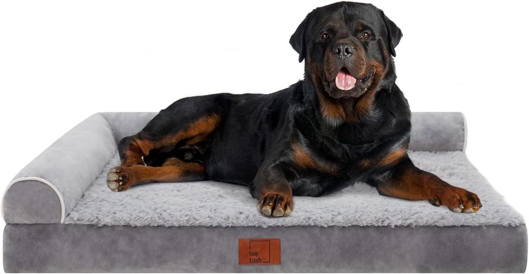 Bolster Dog Bed for Extra Large Dogs, Memory Foam Orthopedic L-Shape Dog beds with Removable Washable Cover, Cozy Plush Pet Bed with Waterproof Lining and Nonskid Bottom (Grey)