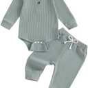 allshope Newborn Baby Boy Fall Outfit Romper Long Sleeve Solid Jumpsuit Bodysuit Elastic Waist Pants Infant Waffle Clothes 1-3m
