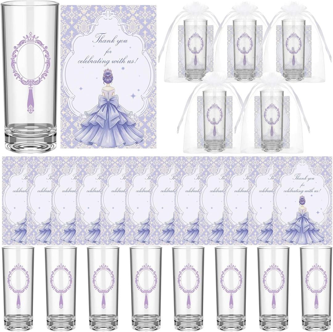 50 Sets Quinceanera Party Favors Bulk for Guests 2.2oz Acrylic Clear Shot Glasses Thank You Cards with Organza Bags Anos Sweet 15 Birthday Party Favors(Purple)