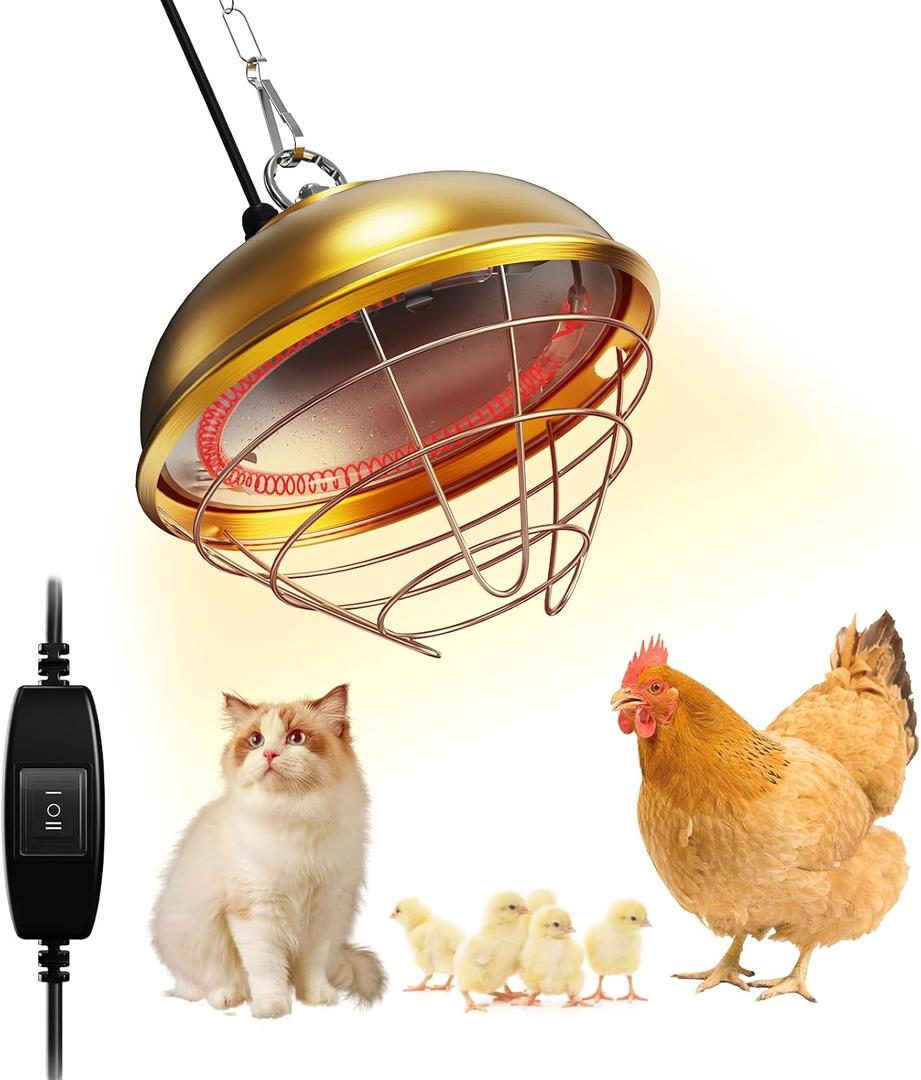 Heat Lamp for Chickens, 170W & 350W Adjustable Heating Temperature and Hanging Height, Chicken Coop Heater, Brooder Lamp, Carbon Fiber Heating Lamp for Chicks, Ducks, Rabbits, Cats, Dogs, Livestocks (Gold)