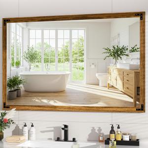 Hasipu Farmhouse Bathroom Mirror, 48"x32" Rustic Wood Framed Wall Mounted Mirror, Walnut Vintage Vanity Mirror Modern Farmhouse Style Decrative Mirrors