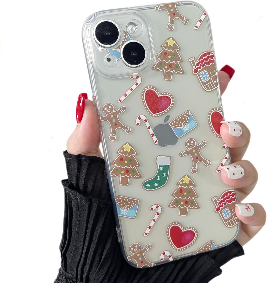 ZTOFERA Christmas Phone Case for iPhone 15 6.1 inch,Clear Cute Merry Christmas Pattern Phone Case Gifts Transparent Silicone Hard PC +TPU Bumper Shockproof Protective Cover-Gingerbread Man