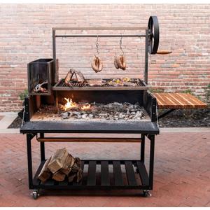 Backyard Discovery Argentine Santa Maria Wood Fire & Charcoal BBQ Grill with Brasero, Adjustable Grill Grates, Fire Bricks, Heavy-Duty Steel, S-Hooks, Acacia Wood Table for Outdoor Gaucho Grilling (5.5ft x 2ft, Black)