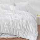 Bonlino Queen Comforter Set White Bedding - Ruched Comforter Queen Size Bed Set Boho Shabby Chic Bedding for Bedroom Comforter Fluffy 3 Piece Ruffle Comforter Set with Pillow White Soft
