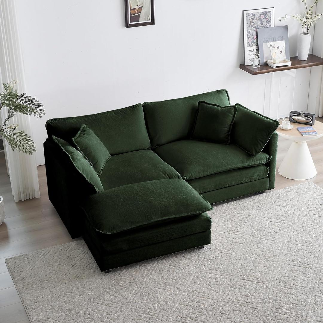 Deep Seat Cloud Loveseat Sofa Sectional Couch with Movable Ottoman, 2 Seater Oversized L Shaped Corner Sofa&Couches, Comfy Chenille Love Seat for Living Room Bedroom Apartment Office, 70 inches L x 57.4 inches W x 33 inches H