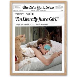 EcoHest Trendy Newspaper Audrey Hepburn Magazine Framed Wall Art, 12x16 in OAK Wood Im Literally Just a Girl Canvas Wall Art Home Decor, Beige Retro Set of 1 For Bedroom Living Room
