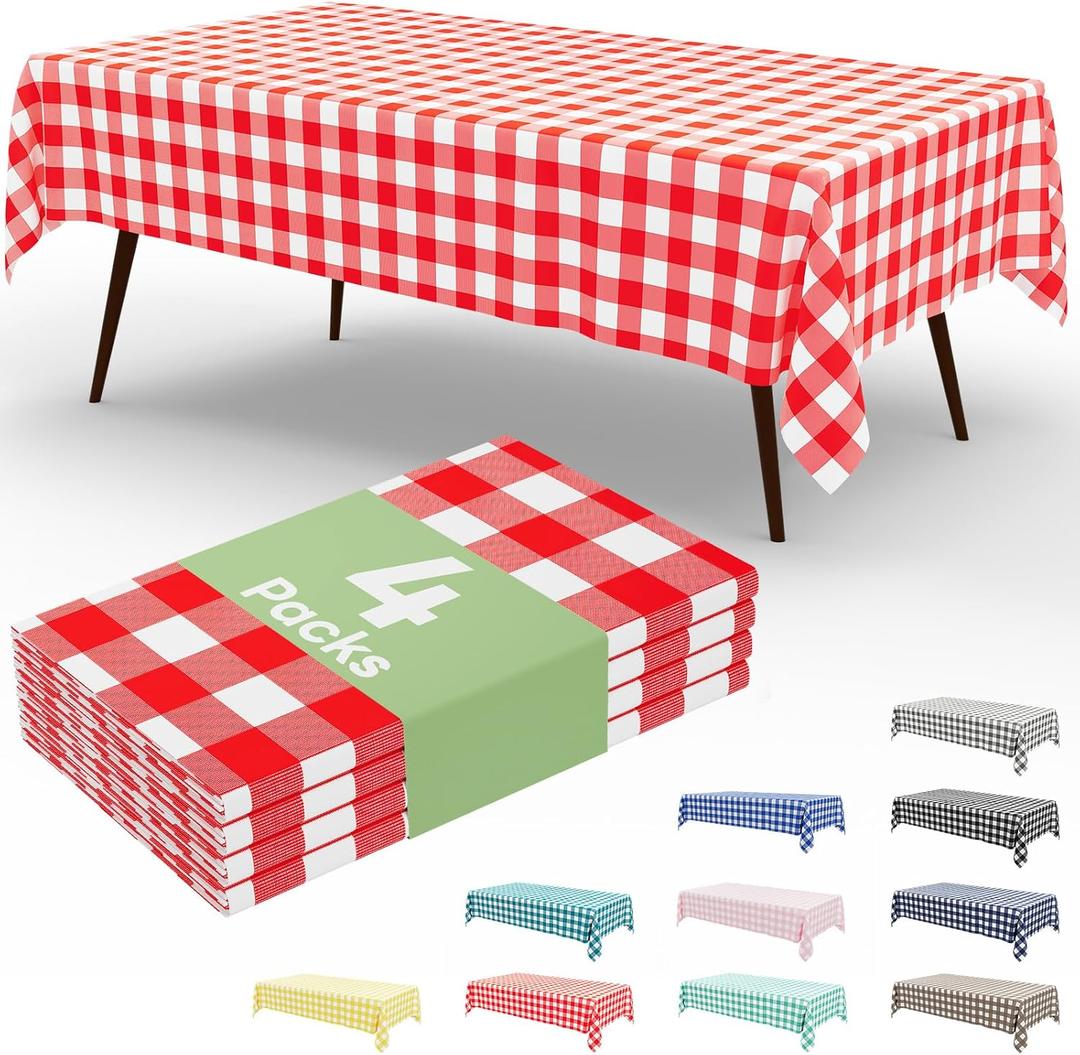 misaya 4 Packs Buffalo Disposable Table Cloth, 54 x 108 Inch Waterproof Plastic Tablecloth, Rectangle Red and White Checkered Table Covers for Picnic, Birthday, Party, Mother's Day