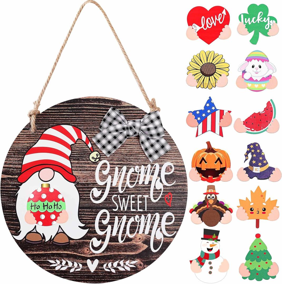 CYNOSA Interchangeable Seasonal Gnome Sweet Gnome Welcome Sign Front Door Decor Wooden Gnome Door Hanger, 12 Inches Farmhouse Wall Sign Gnome Decor (Brown)