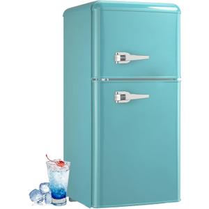 Retro Mini Fridge 3.2 Cu. Ft. Apartment Size Refrigerator with Freezer, 7-Level Adjustable Thermostat Small Retro Refrigerator with Freezer 2-Door Vintage Compact Fridge for Dorm Office RV, Mint Blue