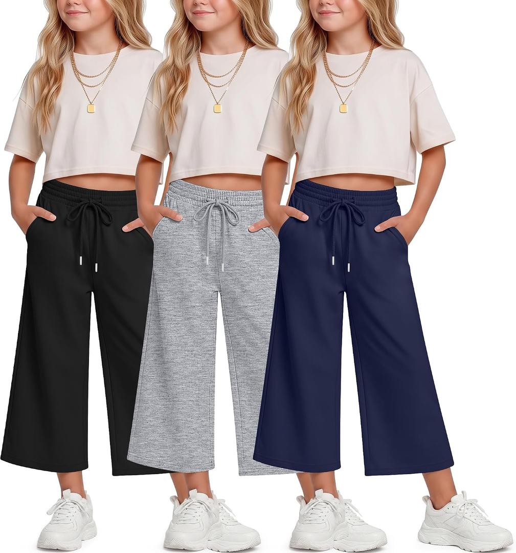 Halfchet 3 Pack Girls Capri Pants Wide Leg Baggy Cropped Sweatpants Kids Basic Casual Capris with Pockets for Ages 5-14