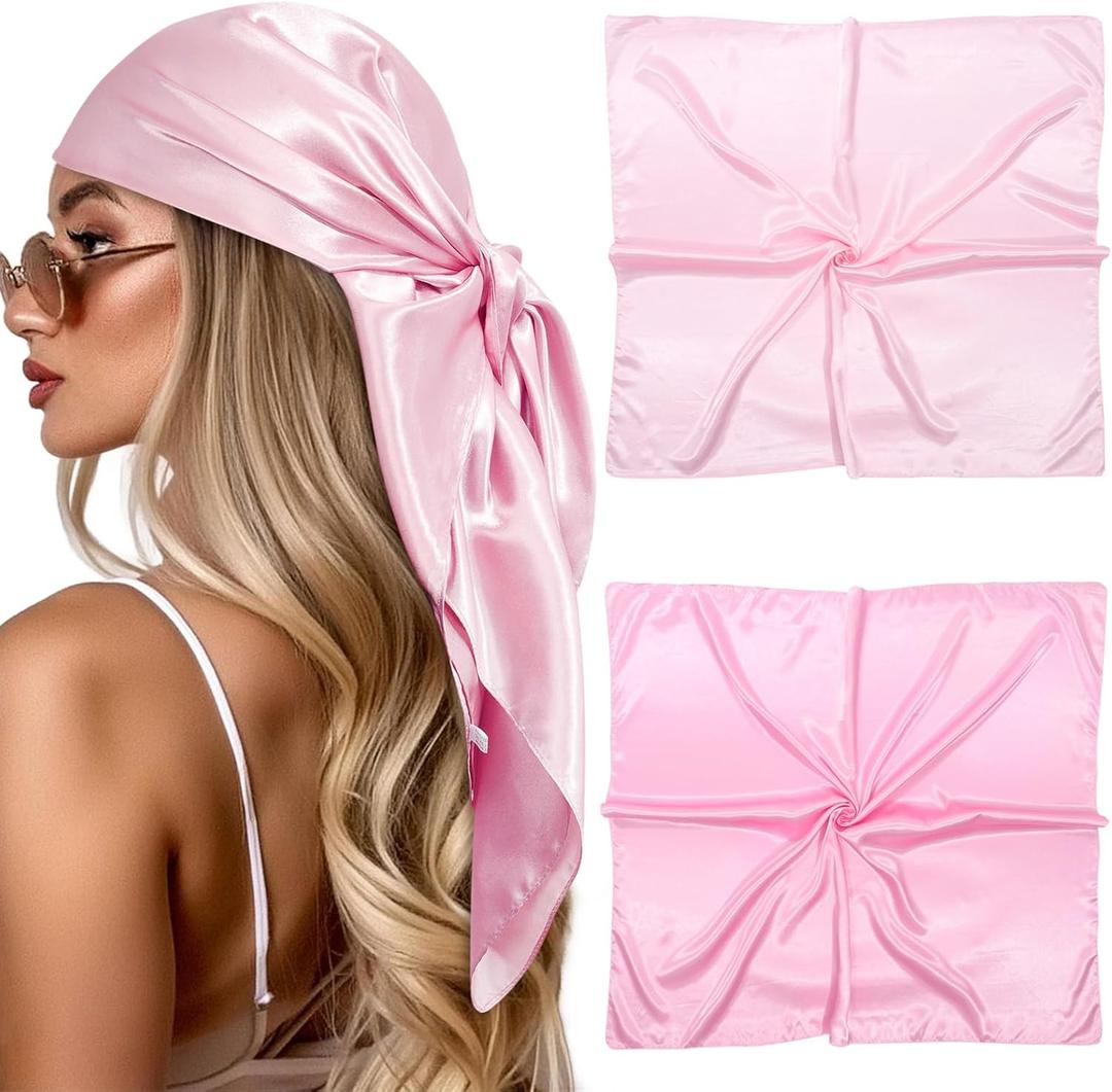 CHLINS 35 Large Head Scarf for Women Satin Head Scarf 2Pcs Square Silk Like Hair Scarf Bandanas Hair Wrapping (Pink+light Rose)