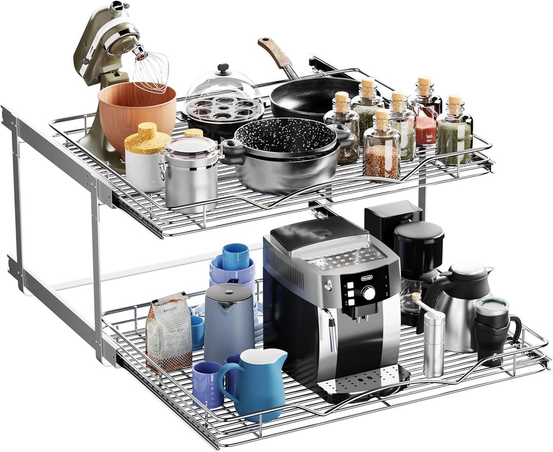 HOLDN STORAGE Two Tier Pull Out Cabinet Organizer, Individual Sliding Drawers - Heavy Duty Metal - Anti Rust Chrome Finish - 28" W x 21D x 16.5" H HOLDN STORAGE Two Tier Pull Out Cabinet Organizer, Individual Sliding Drawers - Heavy Duty Metal - Anti Rust Chrome Finish - 28" W x 21D x 16.5" H